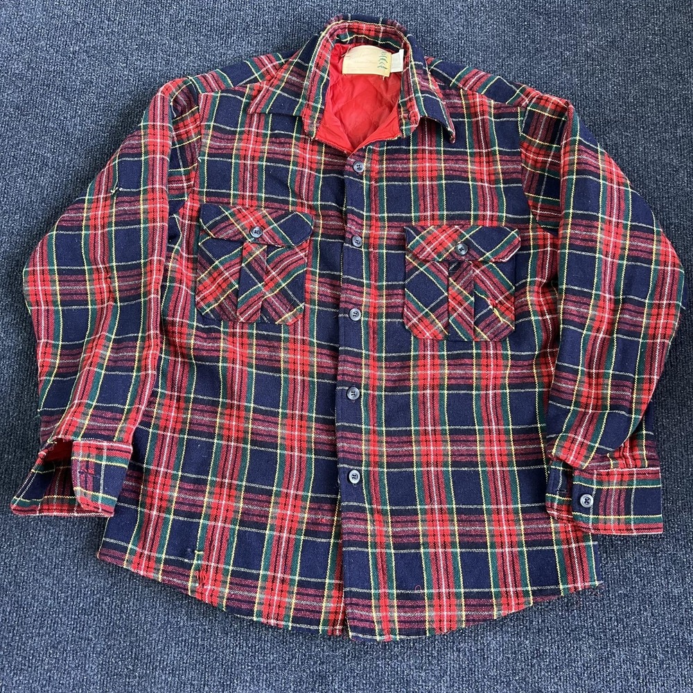Vintage Wool Plaid Shirt Jacket Mens Medium Red Quilted‎ Flannel Lined Workwear